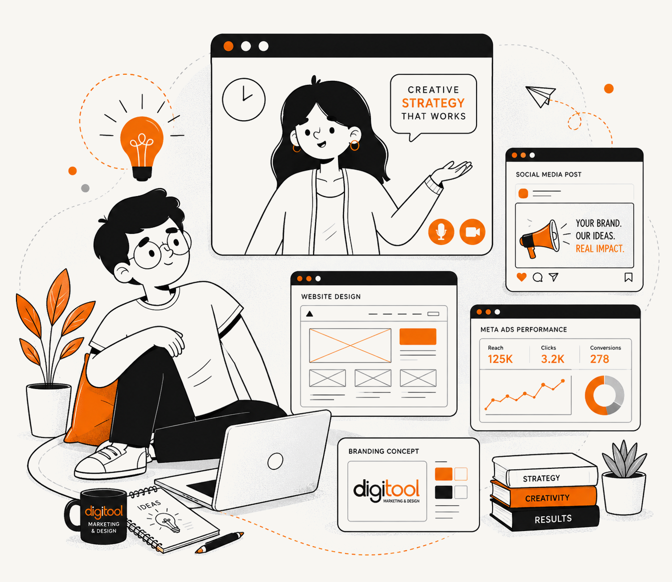 Digitool creative process - website design, social media, Meta ads, and branding
